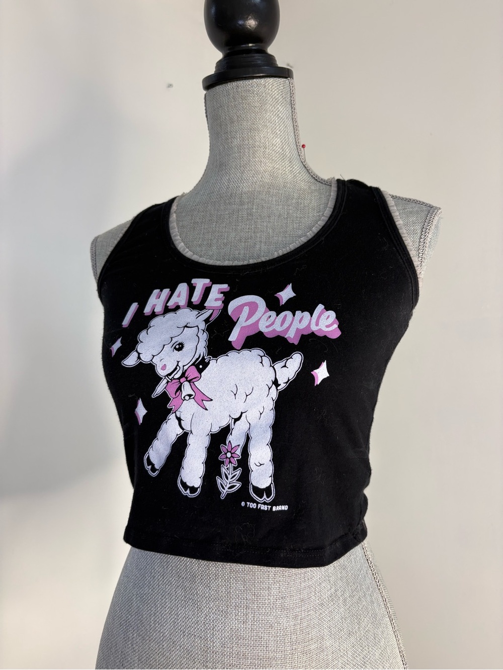 Too Fast Black Tank Top with Pink & White Lamb Graphic